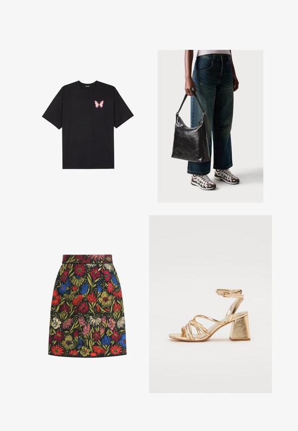 Zwarte katoenen t-shirt met korte mouwen, voorzien van een kleine roze vlinder graphic op de linkerkant van de borst. Crew neck ontwerp met een relaxte fit.; Rok met bloemenpatroon op een zwarte achtergrond, met kleurrijke bloemen in rood, blauw, roze en groen, voorzien van een aansluitende tailleband en een A-lijn vorm.; Gouden metallic gestileerde sandaaltjes met hoge hakken, voorzien van een straps ontwerp, vierkante blokhak en een verstelbare enkelband met een gesp. Gladde textuur.; Zwarte leren schoudertas met een gladde textuur en een verstelbare strap, gecombineerd met vervaagde wijde jeans en sportieve sneakers.