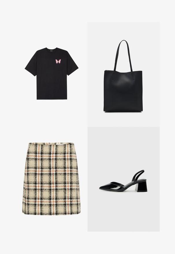 Juodas medvilnės marškinėliai trumpomis rankovėmis, su maža rožine drugelio grafika kairėje krūtinės pusėje. Apvalus kaklo iškirpimas, laisvas kirpimas.; Karelinė mini sijonas beige, juodos ir oranžinės spalvų. Structūruotas audinys su kvadratiniu raštu. A formos siluetas su prigludusia liemene.; Juodos lakuotos odinės šlepetės su smailiu pirštu ir geometriniu bloko kulnu. Turi elegantišką, minimalistinį dizainą ir lygų paviršių.; Juodas odinis tote krepšys su lygia tekstūra, stačiakampio formos ir dviem ilgais rankenomis. Matomų metalinių detalių ar puošybos nėra.