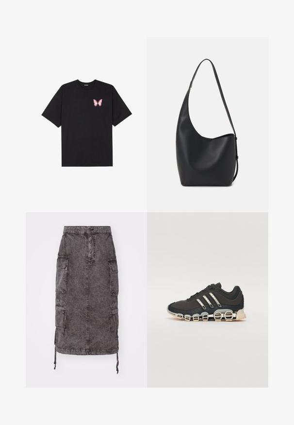 Črna bombažna majica s kratkimi rokavi, ki ima majhen roza metuljček na levi strani prsnega dela. Majica s krožnim ovratnikom in sproščenim krojem.; Cargo denim krilo v zbledeli črni barvi, do kolen, z dvema stranskima žepoma, z gumbom in nastavljivimi vrvicami na robu. Teksturirana površina.; Črne športne čevlje z teksturiranim zgornjim delom, tremi srebrnimi črtami in značilno blažilno podplatom, ki vključuje več integriranih delov.; Črna usnjena hobo torba z gladko teksturo, ukrivljeno obliko in eno nastavljivo naramnico; ima širok odprtina na vrhu.