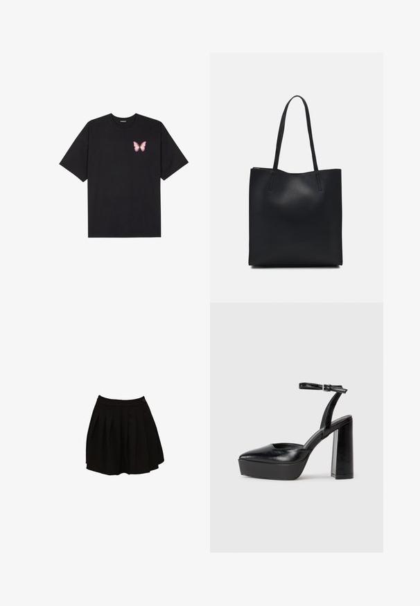 Čierne bavlnené tričko s krátkymi rukávmi, s malým ružovým motýlikom na ľavej hrudi. Design s okrúhlym výstrihom a uvoľneným strihom.; Čierna plisovaná sukňa s priliehavým pásom a detailom jedného gombíka. Textília vyzerá hladko a ľahko, navrhnutá pre rozšírený strih.; Čierne platformové podpätky so špicatou špičkou a nastaviteľným členkovým remienkom. Vyrobené z hladkej kože a so robustným blokovým podpätkom.; Čierna kožená taška na rameno s hladkým povrchom, obdĺžnikovým tvarom a dvoma dlhými uchami. Bez viditeľného kovania alebo ozdôb.