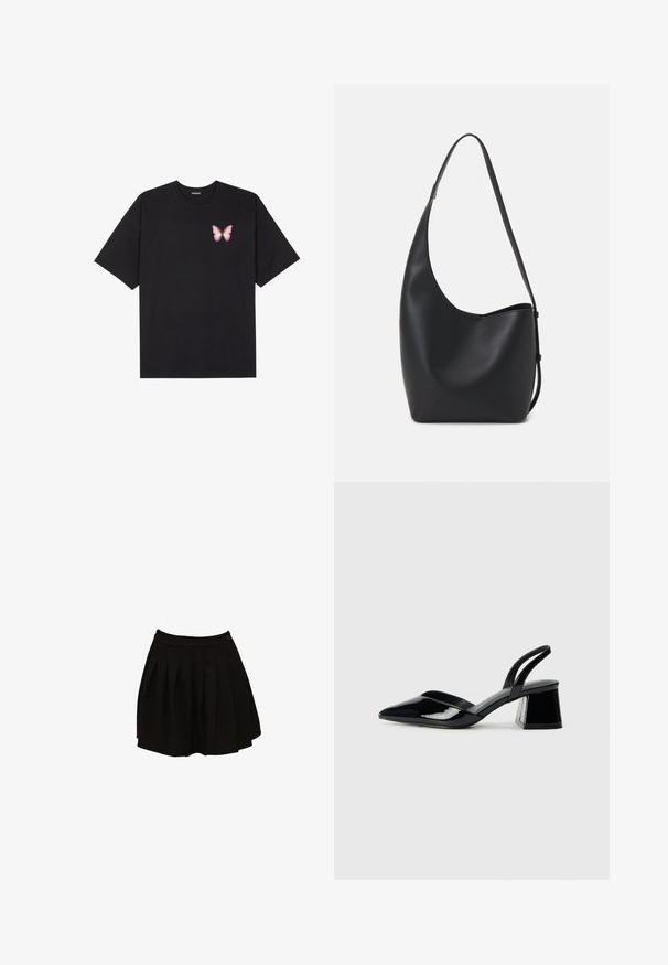 Camiseta de algodón negra de manga corta, con un pequeño gráfico de mariposa rosa en el lado izquierdo del pecho. Diseño de cuello redondo con un corte relajado.; Falda negra con pliegues y cinturilla ajustada, y un detalle de botón único. La tela parece suave y ligera, diseñada para una silueta acampanada.; Zapatos de tacón slingback de charol negro con punta afilada y tacón geométrico en bloque. Presentan un diseño elegante y minimalista, así como una textura suave.; Bolso tipo hobo de cuero negro con una textura suave, forma curvada y una sola correa ajustable; presenta una amplia apertura en la parte superior.