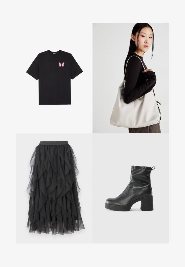 Tricou negru din bumbac cu mâneci scurte, având pe partea stângă a pieptului un mic grafic cu un fluture roz. Design cu guler rotund și croială lejeră.; Fustă din tul negru cu un design stratificat și volanat. Are un tiv elastic și o textură transparentă, creând o siluetă fluidă.; Bocanci negri de glezna din piele netedă, cu fermoar lateral, toc texturat și masiv, și design cu vârf rotund.; Geantă bej din material moale, cu un design lejer, detalii cusute și două bretele pentru umăr. Potrivită pentru utilizarea zilnică.
