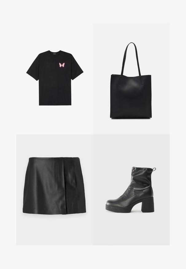 Must muströöpidega must puuvillane T-särk, vasakul rinnal on väike roosa liblikas. Ümar kaelus ja vabalt istuv lõige.; Mustast nahast lühike seelik, millel on sile tekstuur, peene läige ja volditud disain ühel küljel. Ükski kinnitamine ega kaunistus ei ole nähtav.; Mustad mustad ansapüksid, mis on valmistatud siledast nahast, külje zipperiga, paksu tekstuuriga kontsaga ja ümmarguse nina disainiga.; Mustast nahast kott sujuva tekstuuriga, ristkülikukujuline ja kahe pika sangaga. Pole nähtavat riistvara ega kaunistusi.