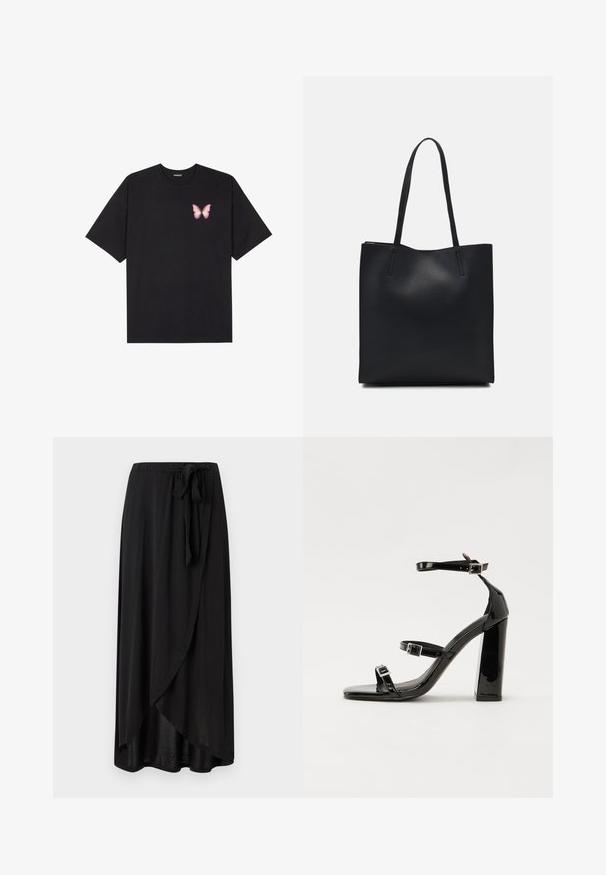 T-shirt en coton noir à manches courtes, avec un petit graphique de papillon rose sur la poitrine gauche. Modèle à col rond avec une coupe décontractée.; Jupe maxi noire en tissu léger, dotée d'un design enroulé, d'un lien à la taille ajustable, et d'une silhouette fluide avec un ourlet arrondi.; Sandales à talons vernies noires avec un bout carré, des sangles autour de la cheville et des boucles en argent. Dotées d'un talon bloc épais pour plus de stabilité.; Sac fourre-tout en cuir noir avec une texture lisse, de forme rectangulaire et deux longues poignées. Pas de matériel ou d'ornementations visibles.