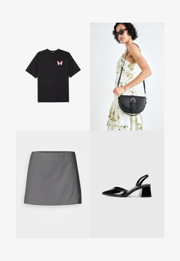 Svart bomulls T-skjorte med korte ermer, med en liten rosa sommerfugl grafikk på venstre bryst. Crew-neck design med en avslappet passform.; Grå skjørt laget av lett, glatt stoff; har rett snitt med en ren kant og en subtil merkelapp på siden.; Svarte patentlær slingback hæler med spiss tå og geometrisk blokk hæl. Har et stilrent, minimalistisk design og jevn tekstur.; Svart lærveske med en buet form, avtagbar stropp og gullbeslag. Vesken har et klaff med spenne-detall.