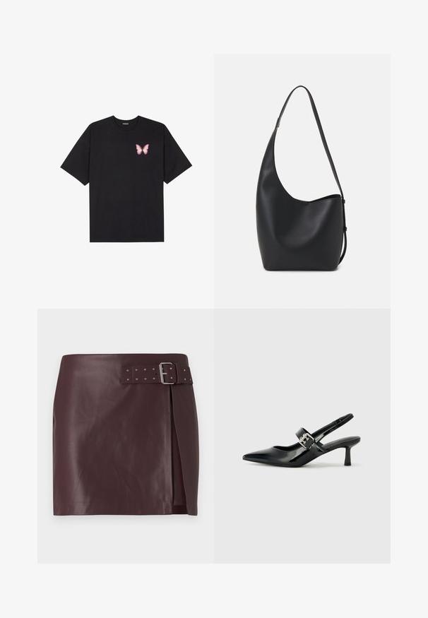 T-shirt de algodão preto com mangas curtas, apresentando um pequeno gráfico de borboleta rosa no lado esquerdo do peito. Design de gola redonda com um corte solto.; Saia de pele sintética bordô com cintura cintada e fivela metálica, apresentando uma fenda lateral e uma textura suave e brilhante.; Saltos slingback em verniz preto com bico pontiagudo e um pequeno salto bloco, apresentando um detalhe de fivela prateada na tira.; Saco hobo preto em pele com uma textura lisa, forma curva e uma única alça ajustável; apresenta uma abertura larga na parte de cima.