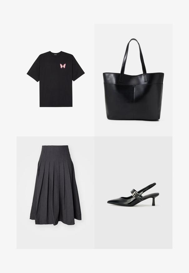 Svart bomulls T-skjorte med korte ermer, med en liten rosa sommerfugl grafikk på venstre bryst. Crew-neck design med en avslappet passform.; VILA VIRAGNA PLEATED SKIRT - Plisséskjørt - dark grey; Svarte patent lær slingback hæler med spiss tå og en liten blokkheel, med en sølvspenne som detalj på stroppen.; Svart lær toteveske med to lange håndtak, en glatt tekstur og en strukturert form. Har en frontlomme for ekstra oppbevaring.