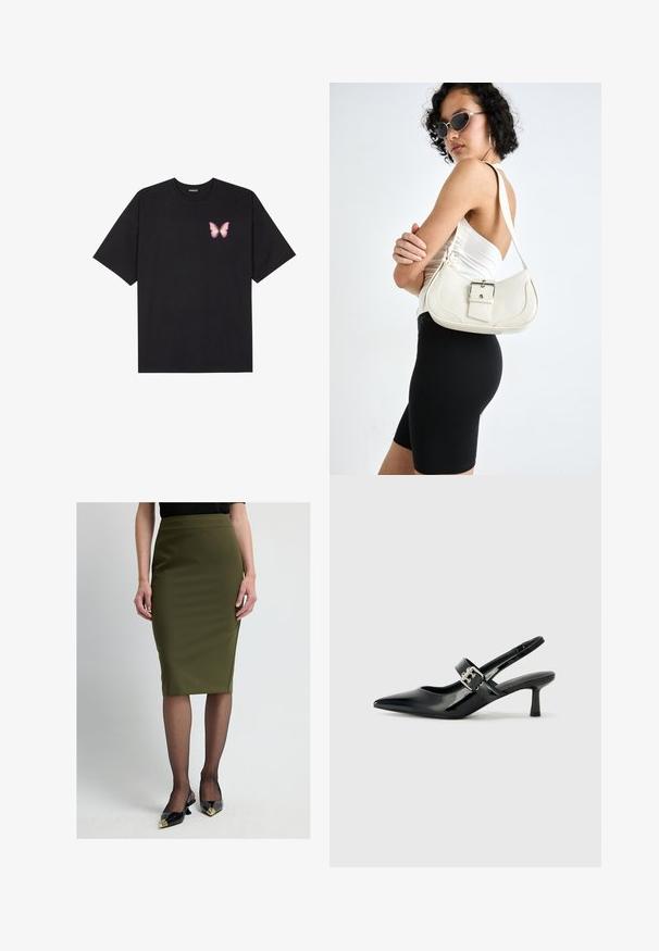 Zwarte katoenen t-shirt met korte mouwen, voorzien van een kleine roze vlinder graphic op de linkerkant van de borst. Crew neck ontwerp met een relaxte fit.; Olijfgroene kokerrok met een gladde textuur en een hoog tailleontwerp. Gecombineerd met doorschijnende zwarte panty’s en puntige zwarte schoenen met gouden accenten.; Zwarte gepatineerde leren slingback hakken met een puntige neus en een kleine blokhak, met een zilveren gespaccent op de band.; Witte leren handtas met een gebogen vorm, verstelbare schouderriem en een klein gesp detail. Model draagt een strakke zwarte outfit.