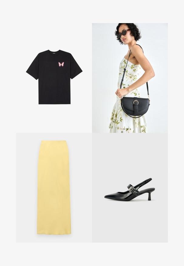 Zwarte katoenen t-shirt met korte mouwen, voorzien van een kleine roze vlinder graphic op de linkerkant van de borst. Crew neck ontwerp met een relaxte fit.; Gele midi-rok van soepel materiaal, met een hoge taille en rechte silhouet, zonder zichtbare patronen of hardware details.; Zwarte gepatineerde leren slingback hakken met een puntige neus en een kleine blokhak, met een zilveren gespaccent op de band.; Zwarte leren handtas met een gebogen vorm, afneembare schouderband en gouden hardware. De tas heeft een klep met een gespsluiting.