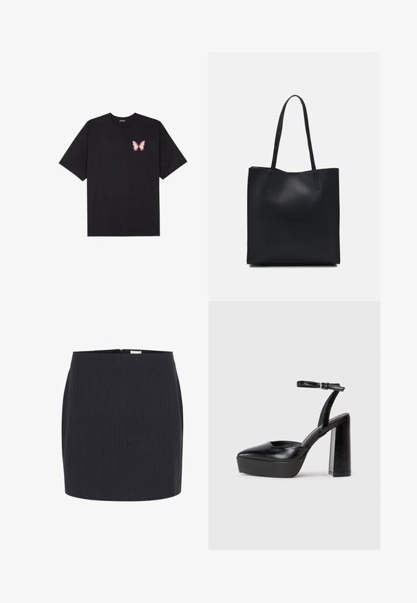 Must muströöpidega must puuvillane T-särk, vasakul rinnal on väike roosa liblikas. Ümar kaelus ja vabalt istuv lõige.; Tumed sinine seelik, millel on vertikaalsed valged triibud, kitsas lõige, sile tekstuur ja tagumine tõmblukk, all ääred õmmeldud.; Mustad platvormi kontsad terava ninaga ja reguleeritava pahkluuraamiga. Valmistatud siledast nahast, funktsioneerib massiivse plokknäheeliga.; Mustast nahast kott sujuva tekstuuriga, ristkülikukujuline ja kahe pika sangaga. Pole nähtavat riistvara ega kaunistusi.