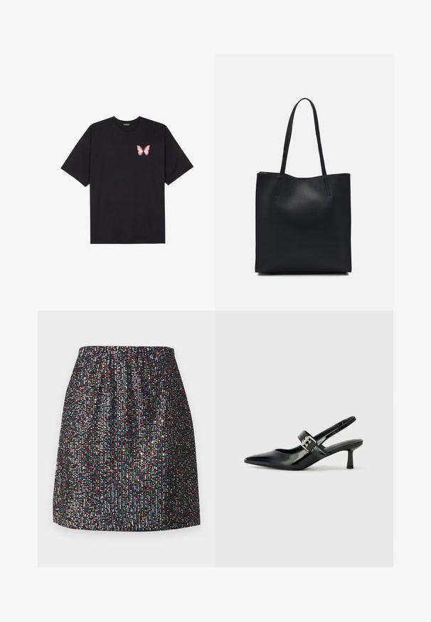 Juodas medvilnės marškinėliai trumpomis rankovėmis, su maža rožine drugelio grafika kairėje krūtinės pusėje. Apvalus kaklo iškirpimas, laisvas kirpimas.; Juodas mini sijonas, papuoštas mažomis, spalvingomis blizgučiais, su elastinga juosta, lygiu tekstūru ir tiesia siluetu.; Juodai lakuoti slingback aukštakulniai su smailiu kojų pirštu ir mažais blokiniais kulniukais, su sidabro sagtimi ant dirželio.; Juodas odinis tote krepšys su lygia tekstūra, stačiakampio formos ir dviem ilgais rankenomis. Matomų metalinių detalių ar puošybos nėra.