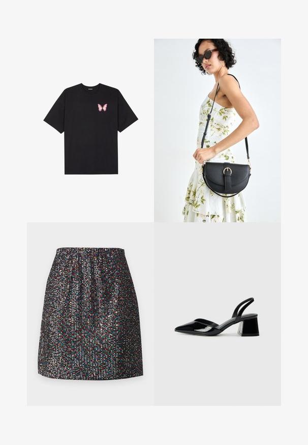 Tricou negru din bumbac cu mâneci scurte, având pe partea stângă a pieptului un mic grafic cu un fluture roz. Design cu guler rotund și croială lejeră.; Fustă mini neagră decorată cu paiete mici și colorate, având talie elastică, textură fină și o siluetă dreaptă.; Pantofi cu toc slingback din piele lacuită neagră, cu vârf ascuțit și toc geometric. Prezintă un design elegant, minimalist și o textură netedă.; Geantă din piele neagră, cu o formă curbată, curea detașabilă și accesorii aurii. Geanta are un capac cu un detaliu tip cataramă.
