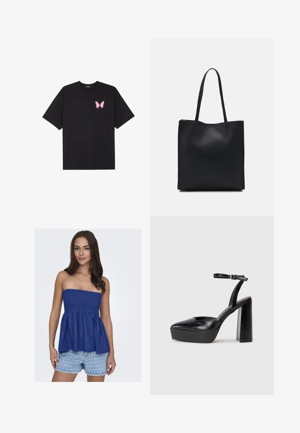 T-shirt de algodão preto com mangas curtas, apresentando um pequeno gráfico de borboleta rosa no lado esquerdo do peito. Design de gola redonda com um corte solto.; Top azul sem alças feito de renda, com cintura franzida, apresentando um padrão floral texturizado. Combinado com calções de ganga rasgados.; Saltos altos pretos com bico fino e atilho ajustável no tornozelo. Confeccionados em couro suave, apresentam um salto bloco robusto.; Bolsa tote preta em couro com textura lisa, forma retangular e duas alças longas. Sem hardware ou enfeites visíveis.