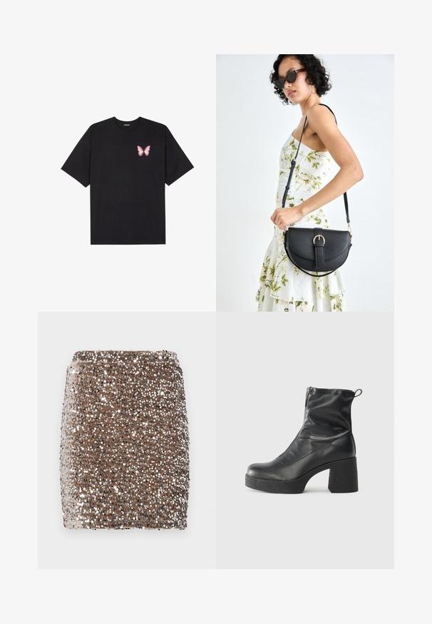 T-shirt de algodão preto com mangas curtas, apresentando um pequeno gráfico de borboleta rosa no lado esquerdo do peito. Design de gola redonda com um corte solto.; Mini saia castanha decorada com lantejoulas, com um design justinho, coberta de lantejoulas prateadas refletoras, criando um efeito texturizado e cintilante.; Botas de tornozelo pretas feitas de couro liso, com fecho lateral, salto grosso texturizado e design de bico arredondado.; Bolsa de couro preta com forma curva, alça destacável e detalhes em dourado. A bolsa possui uma aba com detalhe de fivela.