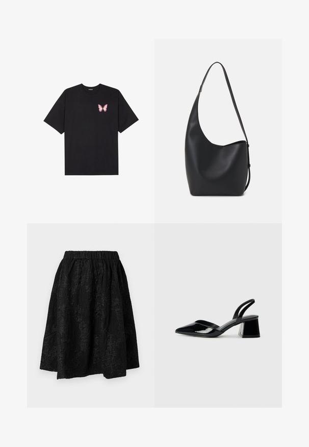 Črna bombažna majica s kratkimi rokavi, ki ima majhen roza metuljček na levi strani prsnega dela. Majica s krožnim ovratnikom in sproščenim krojem.; Črna krila z elastičnim pasom, ki vključuje teksturirane cvetlične vzorce. Tkanina se zdi lahka in nekoliko nagubana.; Črne lakirane slingback pete s koničastim nosom in geometrijsko blokasto peto. Imajo eleganten, minimalističen dizajn in gladko teksturo.; Črna usnjena hobo torba z gladko teksturo, ukrivljeno obliko in eno nastavljivo naramnico; ima širok odprtina na vrhu.