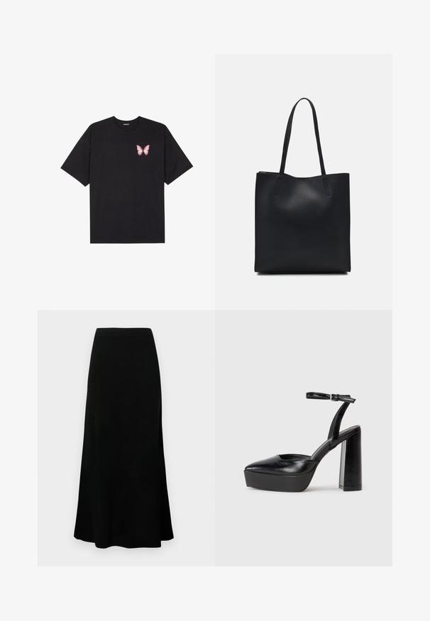 Čierne bavlnené tričko s krátkymi rukávmi, s malým ružovým motýlikom na ľavej hrudi. Design s okrúhlym výstrihom a uvoľneným strihom.; Čierna midi sukňa s priliehavým pásom, rozšíreným lemom, hladkou textúrou a bez viditeľných vzorov alebo akcentov.; Čierne platformové podpätky so špicatou špičkou a nastaviteľným členkovým remienkom. Vyrobené z hladkej kože a so robustným blokovým podpätkom.; Čierna kožená taška na rameno s hladkým povrchom, obdĺžnikovým tvarom a dvoma dlhými uchami. Bez viditeľného kovania alebo ozdôb.