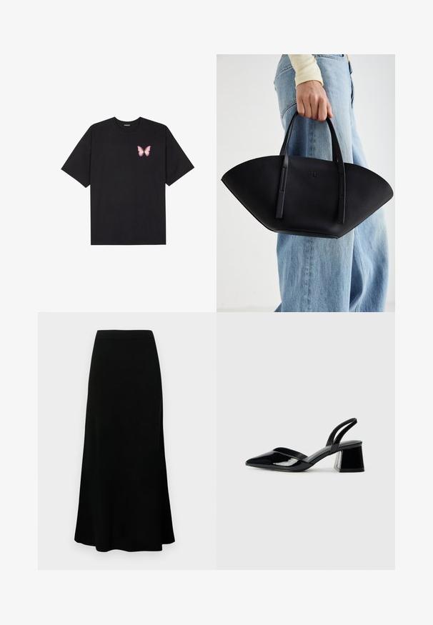 Černé bavlněné tričko s krátkým rukávem, na levém prsou s malou grafikou růžové motýlky. Design s kruhovým výstřihem a volným střihem.; Černá midi sukně s fitted pasem, rozšířeným lemem, hladkou strukturou a bez viditelných vzorů či doplňků.; Černé lakované kožené lodičky na pásku s špičatou špičkou a geometrickým blokovým podpatkem. Vyznačují se elegantním, minimalistickým designem a hladkým povrchem.; Černá kožená kabelka s jedinečným tvarováním ve tvaru vějíře, vybavená plochými uchy. Povrch má jemně zrnitou texturu a minimalistický design.