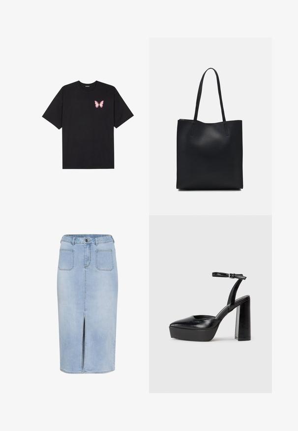 Tricou negru din bumbac cu mâneci scurte, având pe partea stângă a pieptului un mic grafic cu un fluture roz. Design cu guler rotund și croială lejeră.; Fustă midi din denim de culoare albastră deschisă, cu o fante frontală, cinci buzunare și o talie ajustată cu curea și închidere cu nasture.; Pantofi cu toc platformă negri, cu vârful ascuțit și curea reglabilă la gleznă. Confecționați din piele netedă, având un toc gros.; Geantă tote neagră din piele, cu textură netedă, formă rectangulară și două mânere lungi. Fără hardware vizibil sau ornamente.