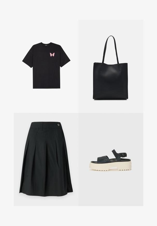 Musta puuvillapaita lyhyillä hihoilla, jossa on pieni vaaleanpunainen perhosgrafiikka vasemmassa rinnassa. Pyöreä kaula-aukko ja rento istuvuus.; Mustat laskostettu hame kevyestä kankaasta, jossa on napitus, sileä rakenne ja A-linjainen muoto.; Mustat mokkasiinipohjaiset platform-sandaalit, joissa on chunky-valkoinen pohja, leveä etuolka ja säädettävä nilkkaropustus. Teksturoitu ulkopohja takaa pidon.; Mustapahkainen kangaskassi, jossa on sileä pinta, suorakaiteen muotoinen ja kaksi pitkää kahvaa. Ei näkyvää metalliosaa tai koristeita.