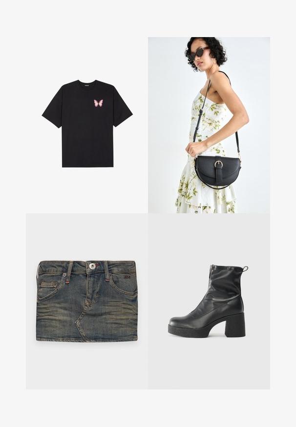 Svart bomulls T-skjorte med korte ermer, med en liten rosa sommerfugl grafikk på venstre bryst. Crew-neck design med en avslappet passform.; BDG Urban Outfitters ULTRA MINI - Jeansskjørt - mid vintage; Svarte ankelstøvler laget av glatt lær, med glidelås på siden, chunky strukturert hæl, og rund tå-design.; Svart lærveske med en buet form, avtagbar stropp og gullbeslag. Vesken har et klaff med spenne-detall.
