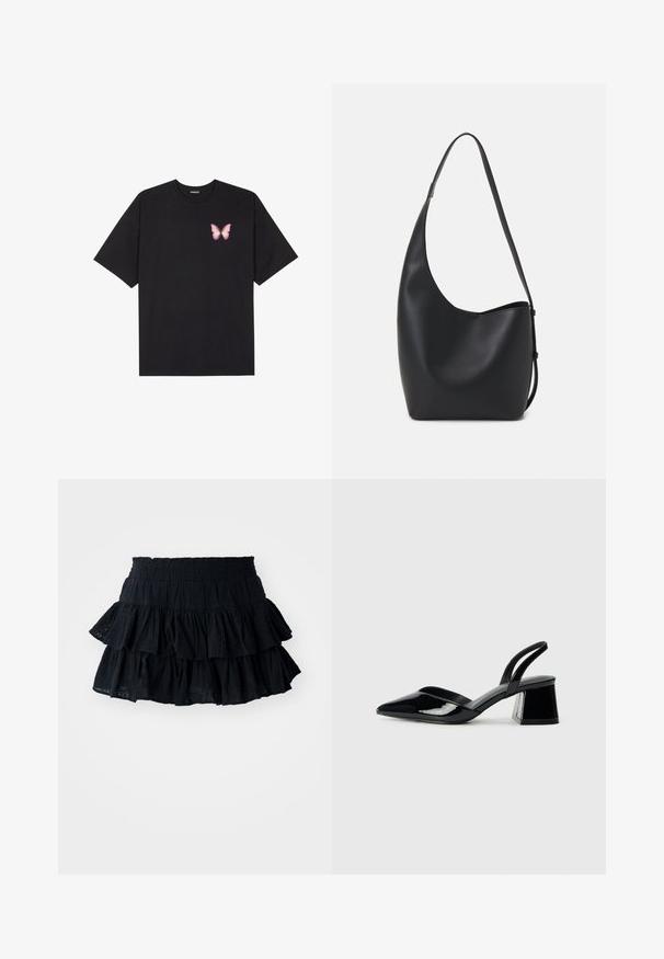 Melna kokvilnas T-krekls ar īsām piedurknēm, kuram priekšā kreisajā pusē ir neliels rozā tauriņa grafiskais attēls. Ar apaļu kaklu un brīvā stila piegriezumu.; Melna, pakāpeniska svārku dizains ar trim slāņiem, izgatavoti no teksturēta auduma ar smalku rakstu. Elastīga josta ērtībai.; Melna lakota āda ar atvērto papēdi, ar smailu purngalu un ģeometrisku blokpapēdi. Iezīmējas elegants, minimāls dizains un gluda tekstūra.; Melnas ādas hobo soma ar gludu tekstūru, izliekta forma un vienu regulējamu jostu; augšā ir plaša atvere.