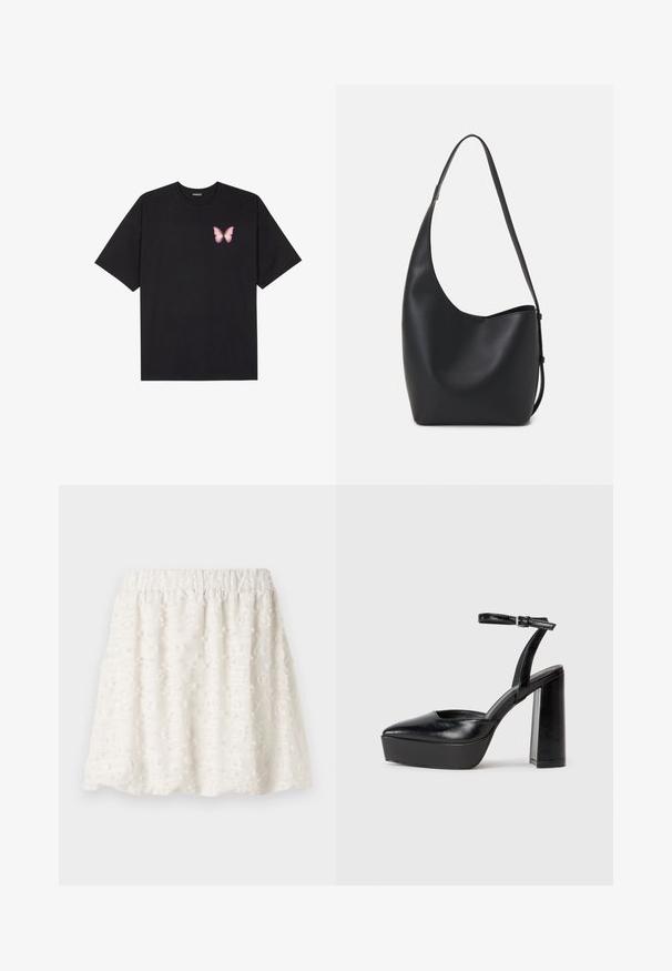 Black cotton t-shirt with short sleeves, featuring a small pink butterfly graphic on the left chest. Crew neck design with a relaxed fit.; White textured skirt with an elastic waistband, featuring raised floral patterns and a soft, lightweight fabric.; Black platform heels with a pointed toe and adjustable ankle strap. Constructed from smooth leather, featuring a chunky block heel.; Black leather hobo bag with a smooth texture, curved shape, and single adjustable strap; features a wide opening at the top.