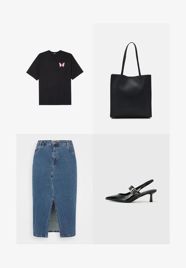 Tricou negru din bumbac cu mâneci scurte, având pe partea stângă a pieptului un mic grafic cu un fluture roz. Design cu guler rotund și croială lejeră.; Fustă din denim cu talie înaltă, spălare albastră, dotată cu un slit frontal, două buzunare laterale și un design clasic cu cinci buzunare.; Sandale cu toc din piele patent neagră, cu vârful ascuțit și un toc mic bloc, având un accent cu cataramă argintie pe curea.; Geantă tote neagră din piele, cu textură netedă, formă rectangulară și două mânere lungi. Fără hardware vizibil sau ornamente.