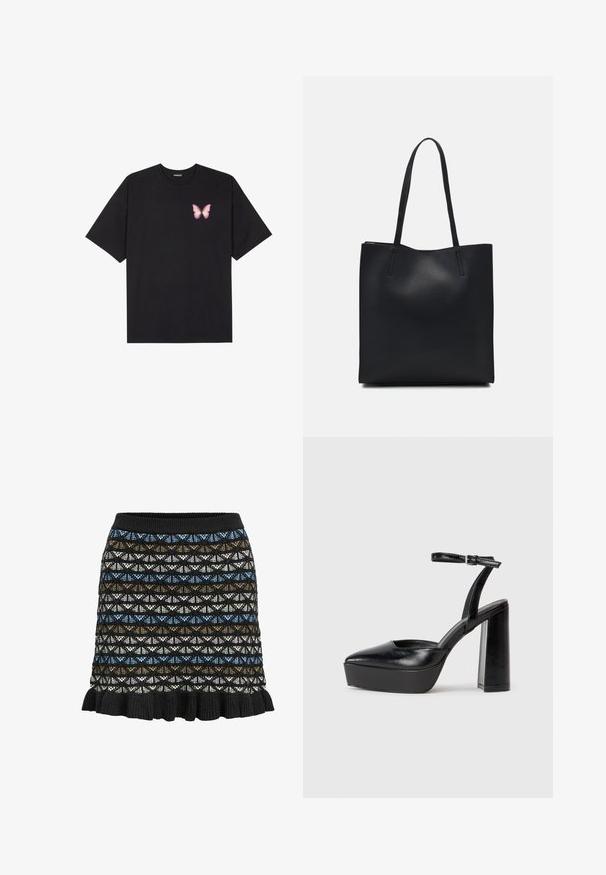 T-shirt en coton noir à manches courtes, avec un petit graphique de papillon rose sur la poitrine gauche. Modèle à col rond avec une coupe décontractée.; Jupe tricotée avec un motif géométrique en noir, bleu, brun et blanc, avec un ourlet volanté et une taille élastique.; Escarpins noirs à plateforme avec un bout pointu et une sangle réglable à la cheville. Conçus en cuir lisse, avec un large talon bloc.; Sac fourre-tout en cuir noir avec une texture lisse, de forme rectangulaire et deux longues poignées. Pas de matériel ou d'ornementations visibles.