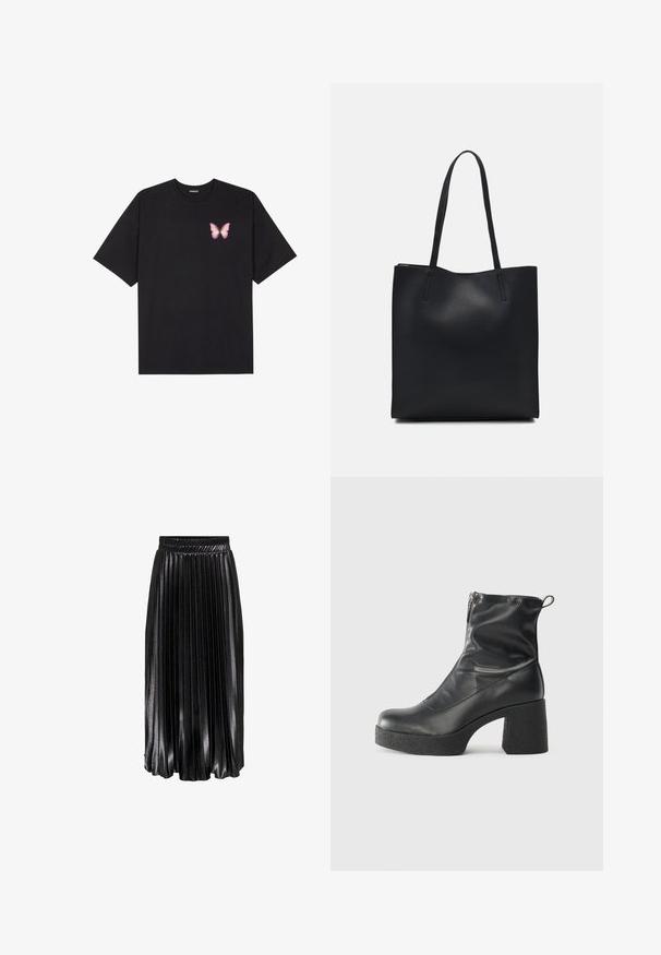 Schwarzes Baumwoll-T-Shirt mit kurzen Ärmeln, das ein kleines pinkes Schmetterlingsmotiv auf der linken Brust zeigt. Crewneck-Design mit einem entspannten Schnitt.; Schwarzer, plissierter Midirock mit glänzender Oberfläche, elastischem Bund und auffälligen vertikalen Falten, der ein strukturiertes und fließendes Erscheinungsbild bietet.; Schwarze Stiefeletten aus glattem Leder mit seitlichem Reißverschluss, klobigem strukturiertem Absatz und runder Zehenform.; Schwarze Laptoptasche aus Leder mit glatter Textur, rechteckiger Form und zwei langen Griffen. Keine sichtbaren Beschläge oder Verzierungen.