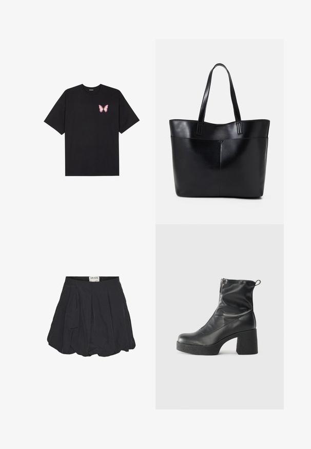 Čierne bavlnené tričko s krátkymi rukávmi, s malým ružovým motýlikom na ľavej hrudi. Design s okrúhlym výstrihom a uvoľneným strihom.; Čierna plisovaná sukňa so štruktúrovaným, zaobleným tvarom. Vyrobená z ľahkej tkaniny s hladkou textúrou, s pásom označeným "AWARE."; Čierne členkové topánky z hladkej kože, so bočným zipsom, robustnou textúrovanou pätnou časťou a zaobleným dizajnom špičky.; Čierna kožená tote taška s dvoma dlhými rúčkami, hladkým povrchom a štruktúrovaným tvarom. Obsahuje prednú kapsu pre dodatočné uskladnenie.