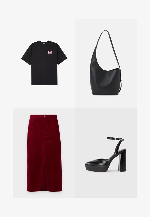 Svart bomullströja med korta ärmar, med en liten rosa fjärilsgrafik på vänster bröst. Rundad halsdesign med en avslappnad passform.; Burgundy kordt-skjorta med rak passform, framficka, bältesöppningar och två fickor, med en framknappstängning.; Svarta plattformsskor med spetsig tå och justerbart vristband. Tillverkade av mjukt läder, med en kraftig blockklack.; Svart läder hobo-väska med en slät textur, kurvig form och en justerbar axelrem; har en bred öppning upptill.