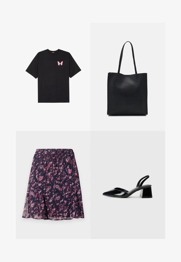 Fekete pamut póló rövid ujjakkal, bal mellkason egy kis rózsaszín pillangó grafikával. Kerek nyakú kialakítás, laza fazonnal.; Tengerészkék szoknya, rugalmas derékkal, rózsaszín és lila absztrakt virágmintával, enyhén bővülő szegéllyel.; Fekete lakk bőr szandálkés magas sarkú cipő, hegyes orral és geometrikus tömbsarkakkal. Karcsú, minimalista dizájn és sima textúra jellemzi.; Fekete bőrtáska sima felszínnel, téglalap alakú, két hosszú füllel. Nincs látható fémkiegészítő vagy díszítés.