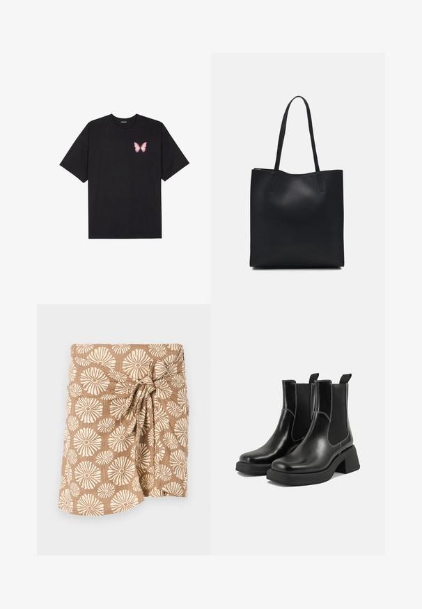 T-shirt de algodão preto com mangas curtas, apresentando um pequeno gráfico de borboleta rosa no lado esquerdo do peito. Design de gola redonda com um corte solto.; Saia envolvente em padrão castanho, adornada com grandes designs florais em creme, atada à cintura com um nó, feita de um tecido leve.; Botas Chelsea em couro preto com um salto grosso, painéis laterais elásticos e costura branca em contraste. Acabamento texturizado.; Bolsa tote preta em couro com textura lisa, forma retangular e duas alças longas. Sem hardware ou enfeites visíveis.