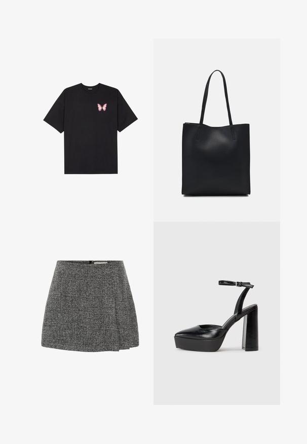 T-shirt en coton noir à manches courtes, avec un petit graphique de papillon rose sur la poitrine gauche. Modèle à col rond avec une coupe décontractée.; Mini-jupe grise texturée avec un design plissé, dotée d'une fermeture éclair discrète à l'arrière. Le tissu présente un motif tissé.; Escarpins noirs à plateforme avec un bout pointu et une sangle réglable à la cheville. Conçus en cuir lisse, avec un large talon bloc.; Sac fourre-tout en cuir noir avec une texture lisse, de forme rectangulaire et deux longues poignées. Pas de matériel ou d'ornementations visibles.