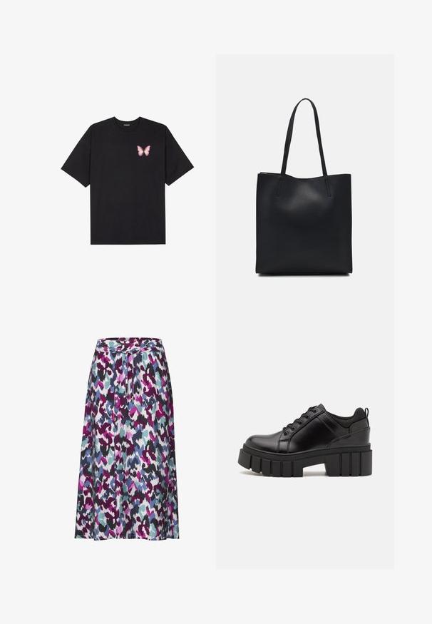 Schwarzes Baumwoll-T-Shirt mit kurzen Ärmeln, das ein kleines pinkes Schmetterlingsmotiv auf der linken Brust zeigt. Crewneck-Design mit einem entspannten Schnitt.; Ein knielanger Rock mit einem bunten abstrakten Muster in den Farbtönen Lila, Türkis und Schwarz. Hergestellt aus leichtem, strukturiertem Stoff.; Schwarze Lederplateauschuhe mit klobigem Blockabsatz, runder Zehenpartie und traditionellem Schnürdesign. Verfügt über eine glatte Textur und minimale Details.; Schwarze Laptoptasche aus Leder mit glatter Textur, rechteckiger Form und zwei langen Griffen. Keine sichtbaren Beschläge oder Verzierungen.