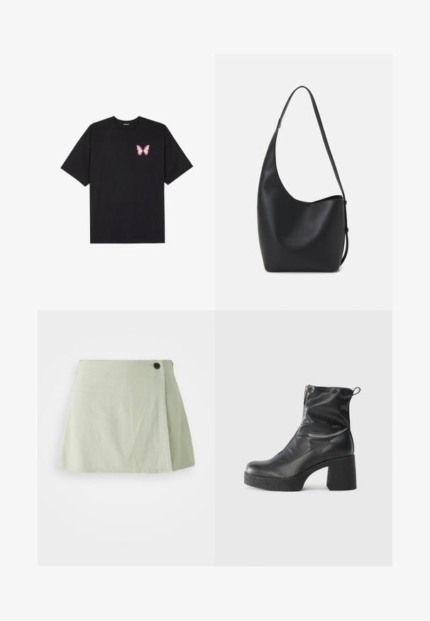 Čierne bavlnené tričko s krátkymi rukávmi, s malým ružovým motýlikom na ľavej hrudi. Design s okrúhlym výstrihom a uvoľneným strihom.; Svetlozelená sukňa s uvoľneným strihom, ktorá má bočné zapínanie na gombíky a hladký povrch. Lem je jemne zakrivený, čo zvýrazňuje siluetu.; Čierne členkové topánky z hladkej kože, so bočným zipsom, robustnou textúrovanou pätnou časťou a zaobleným dizajnom špičky.; Čierna kožená hobo taška so hladkou textúrou, zakriveným tvarom a jedným nastaviteľným popruhom; má široké otvorenie na vrchu.