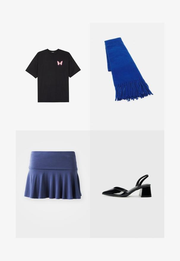 Must muströöpidega must puuvillane T-särk, vasakul rinnal on väike roosa liblikas. Ümar kaelus ja vabalt istuv lõige.; Tumedat sinine seelik, millel on sile, veniv vöökoht ja laienev põhi. Valmistatud pehmest kangast, millel on lihtne, katkematu disain.; Mustad musta lakknahk kingad, millel on terav varvas ja geomeetriline plokkkonts. Omab elegantselt minimalistlikku disaini ja sujuvat tekstuuri.; Sinine kudumisega sall, millel on soonilised otstes, sile tekstuur, ristküliku kujuga ja ühtlane värv kogu ulatuses. Sobib külmade ilmade jaoks.