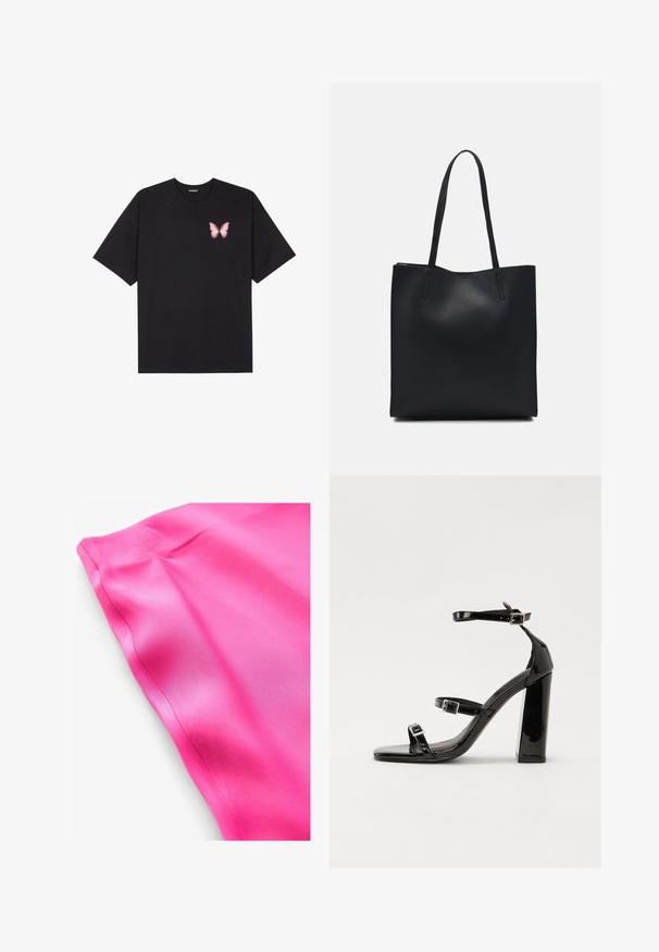 Zwarte katoenen t-shirt met korte mouwen, voorzien van een kleine roze vlinder graphic op de linkerkant van de borst. Crew neck ontwerp met een relaxte fit.; Feller roze satijn stof met een gladde textuur, voorzien van een Schone rand en een subtiele glans. Geen patronen of extra details zichtbaar.; Zwarte gepatenteerde sandalen met hak en een vierkante neus, enkelbandjes en zilveren gespen. Heeft een stevige blokhak voor stabiliteit.; Zwarte leren handtas met een gladde textuur, rechthoekige vorm en twee lange handvaten. Geen zichtbare hardware of versieringen.