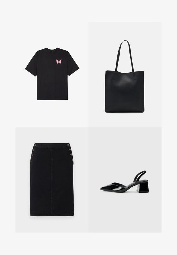 Tricou negru din bumbac cu mâneci scurte, având pe partea stângă a pieptului un mic grafic cu un fluture roz. Design cu guler rotund și croială lejeră.; Fustă tip creion din denim negru, cu o siluetă dreaptă, având butoane decorative mari pe partea stângă și un detaliu cu cusătură pe față.; Pantofi cu toc slingback din piele lacuită neagră, cu vârf ascuțit și toc geometric. Prezintă un design elegant, minimalist și o textură netedă.; Geantă tote neagră din piele, cu textură netedă, formă rectangulară și două mânere lungi. Fără hardware vizibil sau ornamente.