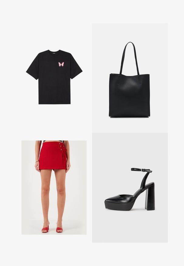 Juodas medvilnės marškinėliai trumpomis rankovėmis, su maža rožine drugelio grafika kairėje krūtinės pusėje. Apvalus kaklo iškirpimas, laisvas kirpimas.; Raudona mini sijonas, pagamintas iš minkštos medžiagos, su šoninėmis raištelių detalėmis ir metaliniais aklaičiais. Tiesus kirpimas ir lygus paviršius, dėvimas su raudonomis aukštakulnėmis šlepetėmis.; Juodi platforminiai aukšti kulniukai su smailiu kojų pirštu ir reguliuojamu kulkšnies dirželiu. Pagaminti iš lygaus odos, turi masyvų blokinį kulną.; Juodas odinis tote krepšys su lygia tekstūra, stačiakampio formos ir dviem ilgais rankenomis. Matomų metalinių detalių ar puošybos nėra.