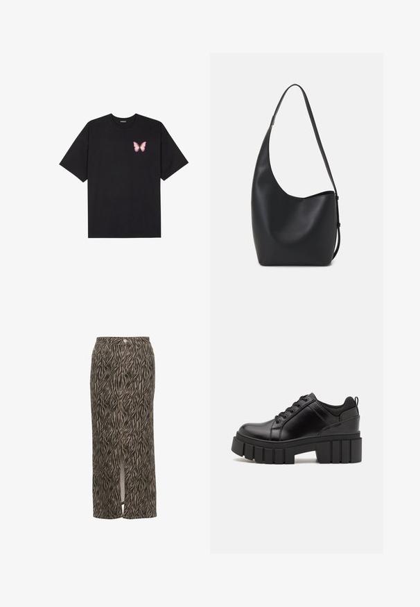 Čierne bavlnené tričko s krátkymi rukávmi, s malým ružovým motýlikom na ľavej hrudi. Design s okrúhlym výstrihom a uvoľneným strihom.; Kaffe LEONDRA - Maxisukňa - feather gray black animal; Čierne kožené platformy s masívnym blokovým podpätkom, okrúhlou špičkou a tradičným šnurovaním. Má hladký povrch a minimálne detaily.; Čierna kožená hobo taška so hladkou textúrou, zakriveným tvarom a jedným nastaviteľným popruhom; má široké otvorenie na vrchu.