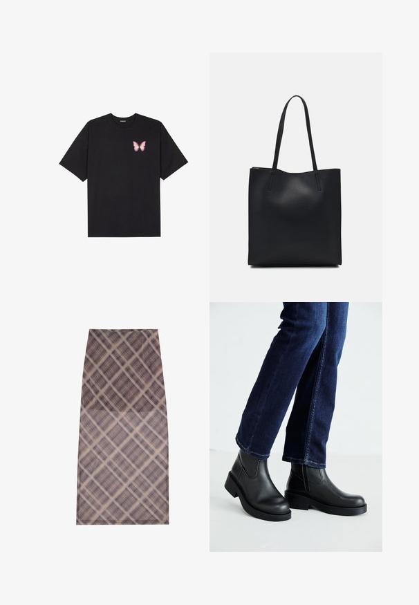 Must muströöpidega must puuvillane T-särk, vasakul rinnal on väike roosa liblikas. Ümar kaelus ja vabalt istuv lõige.; Knee-pikkusega seelik, mis on valmistatud läbipaistvast, kergest kangast, millel on pruunide ja kreemjate toonide ruuduline muster, sile tekstuur ja puhtad servad.; Mustad mustad nahast sääre kõrgused saabastega, millel on paks tald ja küljel elastsed paneelid, kombineeritud tumedate siniste teksadega. Maapind on heledat värvi.; Mustast nahast kott sujuva tekstuuriga, ristkülikukujuline ja kahe pika sangaga. Pole nähtavat riistvara ega kaunistusi.