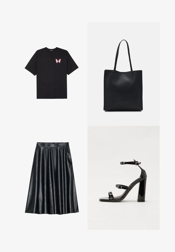 Čierne bavlnené tričko s krátkymi rukávmi, s malým ružovým motýlikom na ľavej hrudi. Design s okrúhlym výstrihom a uvoľneným strihom.; Čierna sukňa v tvare A z umelého kože s hladkým, lesklým povrchom, s plisovaným vzorom a elastickým pásom pre pohodlie.; Čierne lakované sandále na podpätku so štvorcovou špičkou, navlečenými remienkami okolo členku a striebornými prackami. Disponujú masívnym blokovým podpätkom pre stabilitu.; Čierna kožená taška na rameno s hladkým povrchom, obdĺžnikovým tvarom a dvoma dlhými uchami. Bez viditeľného kovania alebo ozdôb.