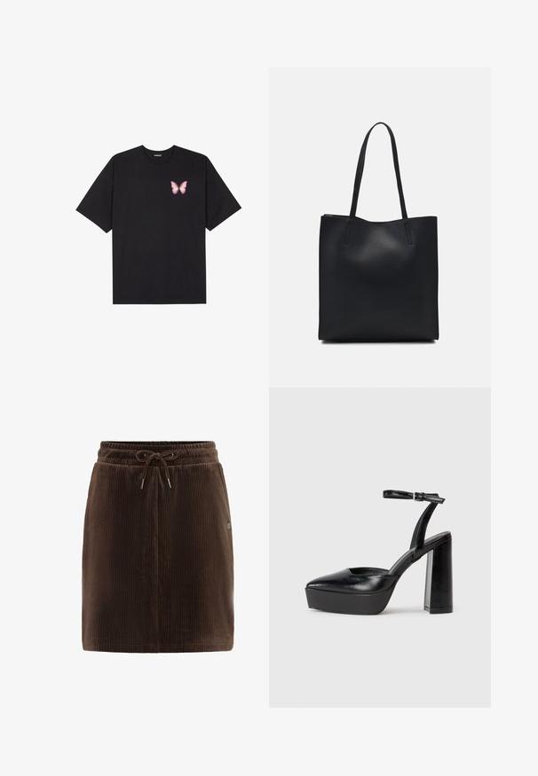 Black cotton t-shirt with short sleeves, featuring a small pink butterfly graphic on the left chest. Crew neck design with a relaxed fit.; Brown corduroy skirt with an elastic waistband and drawstring closure. Features vertical ribbed texture and a small metal logo accent.; Black platform heels with a pointed toe and adjustable ankle strap. Constructed from smooth leather, featuring a chunky block heel.; Black leather tote bag with smooth texture, rectangular shape, and two long handles. No visible hardware or embellishments.