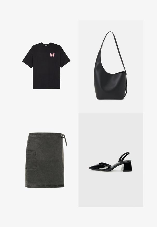 Juodas medvilnės marškinėliai trumpomis rankovėmis, su maža rožine drugelio grafika kairėje krūtinės pusėje. Apvalus kaklo iškirpimas, laisvas kirpimas.; Pilkos džinsinio audinio sijonas su tiesia kirpimo linija, šoniniu kišenės, ir reguliuojamu raiščio uždarymu ties liemeniu. Pabrėžia minkštą tekstūrą ir minimalistinį dizainą.; Juodos lakuotos odinės šlepetės su smailiu pirštu ir geometriniu bloko kulnu. Turi elegantišką, minimalistinį dizainą ir lygų paviršių.; Juodas odinis hobo maišas su lygiu paviršiumi, kreipta forma ir viena reguliuojama rankena; turi platų atidarymą viršuje.