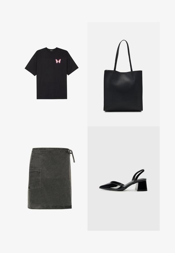 T-shirt nera in cotone con maniche corte, caratterizzata da una piccola grafica di una farfalla rosa sul lato sinistro del petto. Design a girocollo con una vestibilità rilassata.; Gonna in denim grigia con taglio dritto, tasca laterale e chiusura con laccio regolabile in vita. Presenta una texture morbida e un design minimalista.; Décolleté in vernice nera con punta affusolata e tacco in geometria cubica. Presentano un design elegante e minimalista, con una texture liscia.; Borsa tote in pelle nera con texture liscia, forma rettangolare e due manici lunghi. Nessun hardware o decorazione visibile.