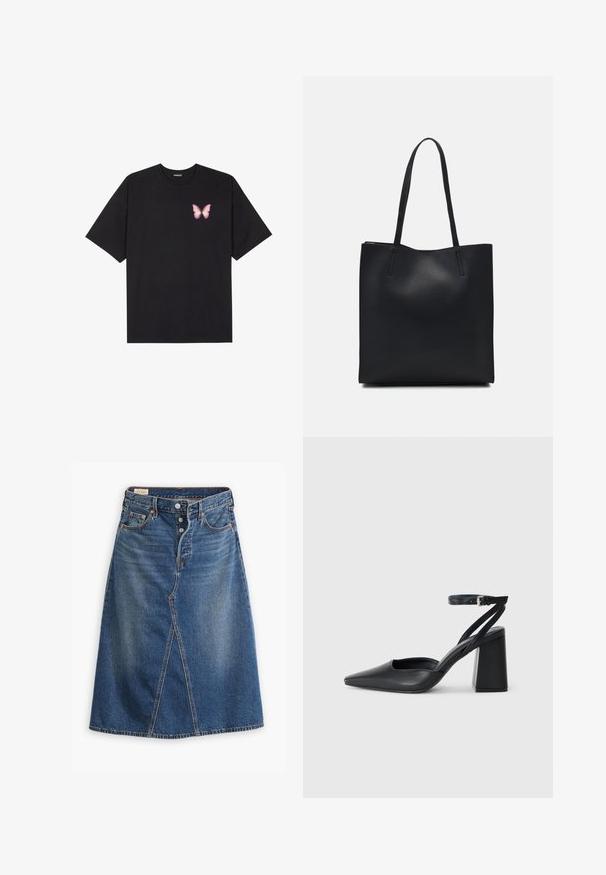 Černé bavlněné tričko s krátkým rukávem, na levém prsou s malou grafikou růžové motýlky. Design s kruhovým výstřihem a volným střihem.; Denimová sukně ve středně modré barvě s A-čkovým střihem, předním rozparkem, pěti kapsami a knopovým zapínáním v pase.; Černé kožené lodičky se špičatou špičkou, kotníkovým páskem a silným podpatkem. Hladká textura, elegantní design a minimalistická estetika.; Černá kožená taška přes rameno s hladkým povrchem, obdélníkovým tvarem a dvěma dlouhými uchy. Žádné viditelné kování ani ozdoby.