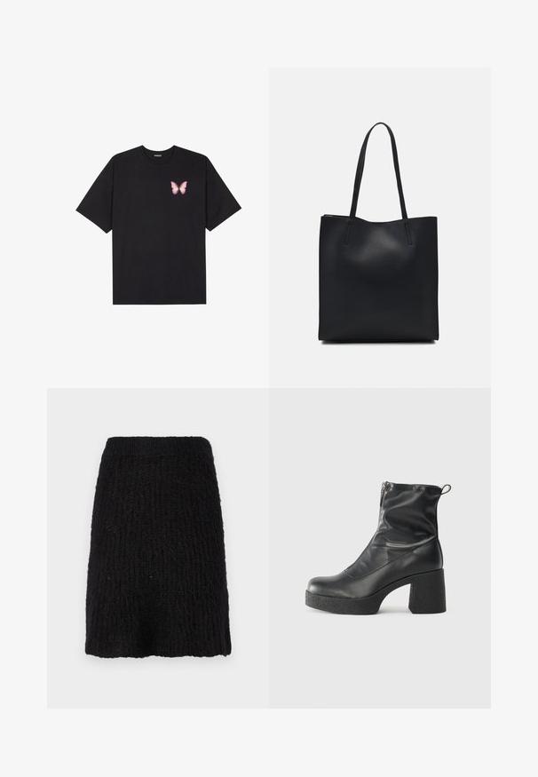 Musta puuvillapaita lyhyillä hihoilla, jossa on pieni vaaleanpunainen perhosgrafiikka vasemmassa rinnassa. Pyöreä kaula-aukko ja rento istuvuus.; Mustaa neulottua hametta, jossa on teksturoitu kuvio, puolipitkä ja leveä vyötärönauha. Materiaali näyttää pehmeältä ja siinä on hieman karhea pinta.; Mustat nilkkurit, jotka on valmistettu sileästä nahasta. Niissä on sivuvetoketju, paksu teksturoitu korko ja pyöristetty kärki.; Mustapahkainen kangaskassi, jossa on sileä pinta, suorakaiteen muotoinen ja kaksi pitkää kahvaa. Ei näkyvää metalliosaa tai koristeita.