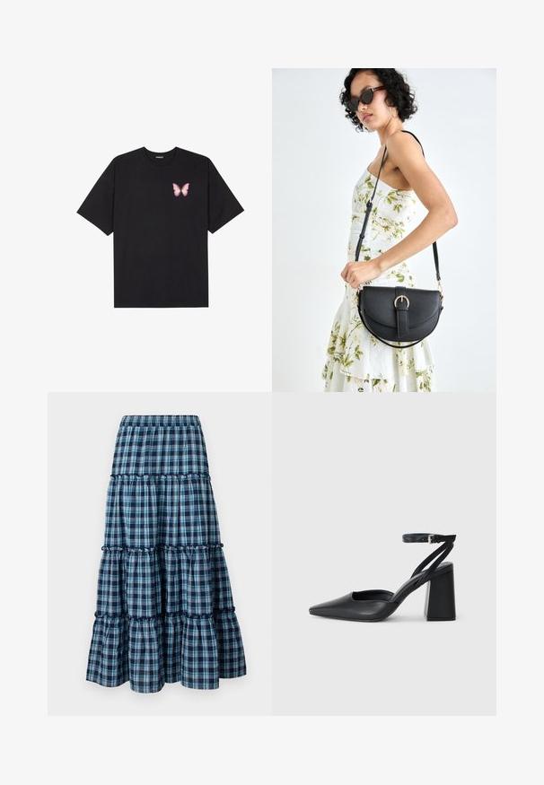 Camiseta de algodón negra de manga corta, con un pequeño gráfico de mariposa rosa en el lado izquierdo del pecho. Diseño de cuello redondo con un corte relajado.; Falda de cuadros azul y blanca en capas con cinturilla elástica, que presenta capas con volantes y una silueta fluida. Material de algodón suave.; Zapato de tacón puntiagudo de cuero negro con tira en el tobillo y tacón ancho. Textura plana, diseño elegante y estética minimalista.; Bolso de piel negra con forma curva, correa desmontable y herrajes dorados. El bolso cuenta con una solapa con un detalle de hebilla.