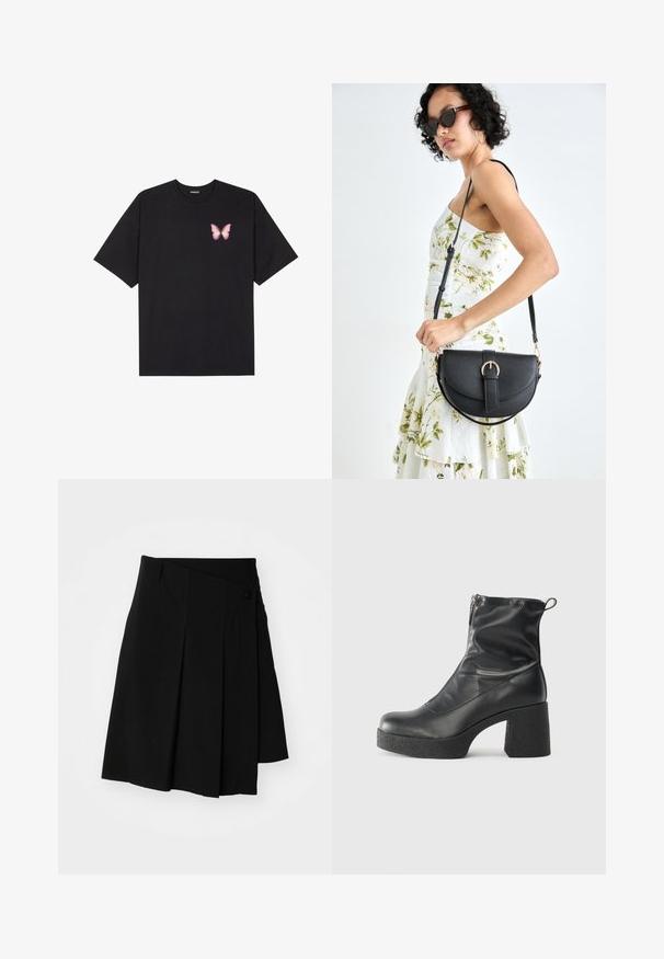 Black cotton t-shirt with short sleeves, featuring a small pink butterfly graphic on the left chest. Crew neck design with a relaxed fit.; Weekday PLEATED MIDI SKIRT - Wrap skirt - black; Black ankle boots made of smooth leather, featuring a side zipper, chunky textured heel, and rounded toe design.; Black leather handbag with a curved shape, detachable strap, and gold hardware. The bag features a flap with a buckle detail.
